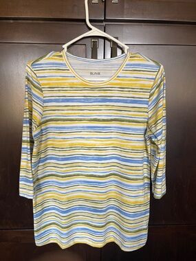 NWOT Blair Striped Crewneck Top in Blue, Yellow & Green, size small.
